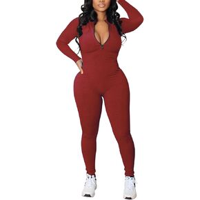 Women Zip Up Bodycon Jumpsuits Ribbed Long Sleeve Slim Fit One Piece Pants Jumpsuits in Saudi Arabia