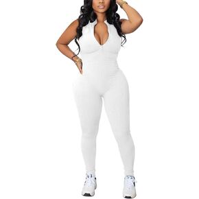 chicyes Women's Bodycon Sexy Jumpsuits Sleeveless Ribbed Zipper One Piece Pants Rompers Summer Outfits White in Saudi Arabia