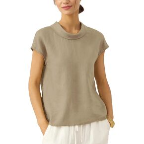Womens Cotton Linen Top Casual Short Sleeve Fold Collar Round Neck Button Crop Tops Tee T-Shirt in Saudi Arabia