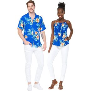 Matchable Couple Hawaiian Luau Shirt or Spaghetti Strap Top in Hibiscus Blue in Saudi Arabia