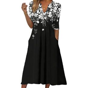 evepes Dressy Dresses for Women Pleated Boho 3/4 Sleeve Midi Dress Side Pockets Flowy A-Line Casual Round Neck Dress in Saudi Arabia