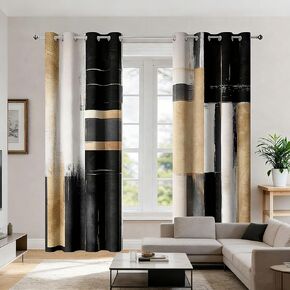 Black and Gold Abstract Blackout Curtains, Boho Modern Aesthetic Grommet Window Drapes, Beige Cream Tan Brown Oil Painting Neutral Art Curtain for Bedroom Living Room 2 Panels, 52"X84" in Saudi Arabia