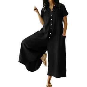 Wide-Leg Cotton Linen Jumpsuits For Women Summer One Piece Overalls Short Sleeve Button Lapel Flowy Romper With Pocket in Kuwait