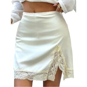 SweatyRocks Women's Satin Lace Trim Short Skirt Split Hem High Waisted Party Club Skirts in Saudi Arabia