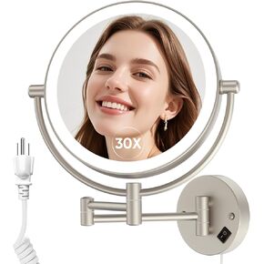 FUNTOUCH Wall Mounted Makeup Mirror with Lights,AC Plug in Powered Double Sided 1X/30X Magnifying,3 Color Lights,Touch Dimmable, Extended Arm 360 Rotation Lighted Bathroom Mirror with Magnification in Saudi Arabia