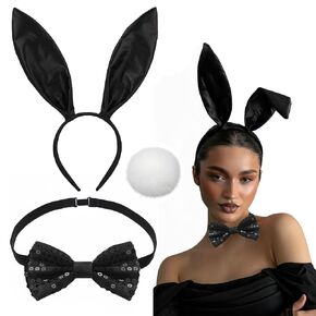 3 PCS Halloween Bunny Ears Headband Bow Ties Tail Set, Elastic Adjustable Rabbit Costume for accessories Cosplay Dress up Party Adult Supplies Black in Saudi Arabia