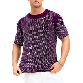 ShawGobow Rhinestone Shirt Men,Sparkly Short Sleeve Disco Top Size 38-44,Glitter Concert Festival Rave Party Outfit in Kuwait