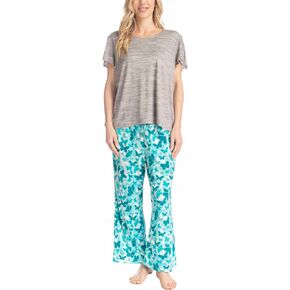 MUK LUKS Short Sleeve Pajama Set 2-Piece, Ruffle Sleeve Shirt and Capri Sleep Pants, Artistic Garden, Pijamas Capri de Mujer in Kuwait