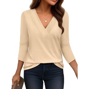 Bliwov Women’s 3/4 Sleeve V Neck Tops Loose Fit T Shirts Casual Work Blouses 2026 Spring Soft Basic Tees Summer Outfits Apricot in Saudi Arabia
