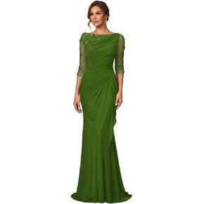 Mermaid Chiffon Mother of Bride Dresses for Women 3/4 Sleeves Lace Appliques Ruched Long Formal Evening Gown 2026 in Saudi Arabia