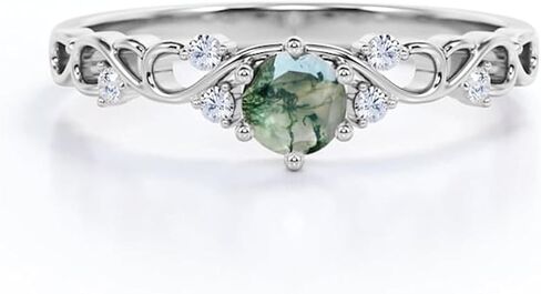 Round Cut Moss Agate Ring, Nature Inspired Ring, Twig Leaf Moss Agate Engagement Ring 925 Silver Ring, Starling Silver Wedding Bridal Promise Ring in Kuwait