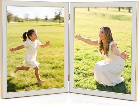 8x10 Double Picture Frame with White Enamel Finish, Gold Edge Metal Hinged Photo Frames, Real Glass Front Velvet Back, Display for Wall and Tabletop, Ideal for Wedding Couple Family Photos in Saudi Arabia