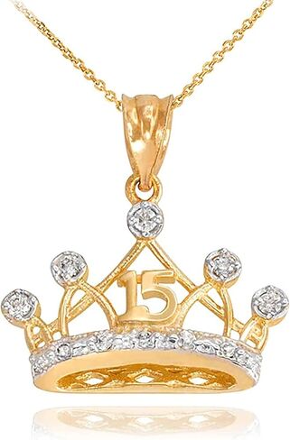 10K Yellow Gold White Cubic Zirconia 4/5" Sweet 15 Anos Quinceanera Crown Pendant Necklace - Choice of Rolo Chain Length in Saudi Arabia