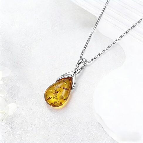 Natural Baltic Amber Pendant Necklace for Women 925 Sterling Silver Pear Teardrop Gemstone Birthstone Amber Jewelry for Her in Saudi Arabia