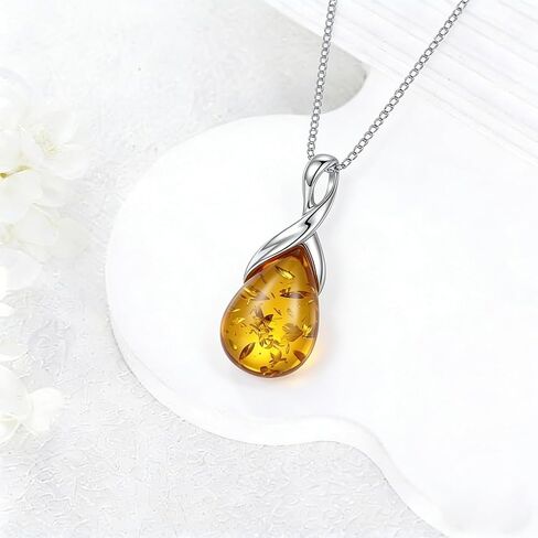 Natural Baltic Amber Pendant Necklace for Women 925 Sterling Silver Pear Teardrop Gemstone Birthstone Amber Jewelry for Her in Saudi Arabia