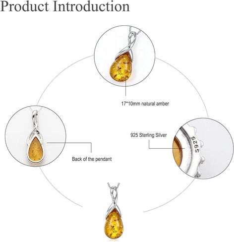 Natural Baltic Amber Pendant Necklace for Women 925 Sterling Silver Pear Teardrop Gemstone Birthstone Amber Jewelry for Her in Saudi Arabia