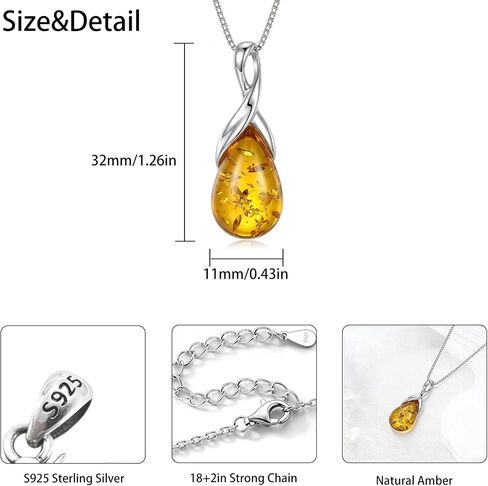 Natural Baltic Amber Pendant Necklace for Women 925 Sterling Silver Pear Teardrop Gemstone Birthstone Amber Jewelry for Her in Saudi Arabia