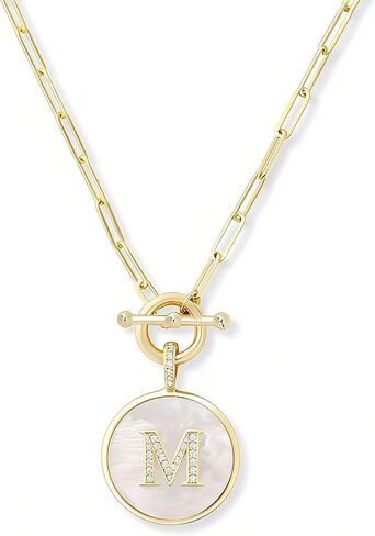 18K Gold Plated Initial Necklace for Women, Personalized Medallion Pendant with Natural Crushed Mother of Pearl Inlay, PVD Necklace for Mom, Office Style Gold Cuff Necklace with Pendant in Saudi Arabia