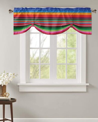 Colorful Mexican Stripes Tie Up Valance Curtain for Kitchen Living Room Bedroom Bathroom Cafe,Rod Pocket Small Short Window Drape Panel Adjustable Drapary,Ombre Blue Red Orange Green Abstract 60"x18" in Saudi Arabia