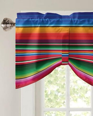 Colorful Mexican Stripes Tie Up Valance Curtain for Kitchen Living Room Bedroom Bathroom Cafe,Rod Pocket Small Short Window Drape Panel Adjustable Drapary,Ombre Blue Red Orange Green Abstract 60"x18" in Saudi Arabia