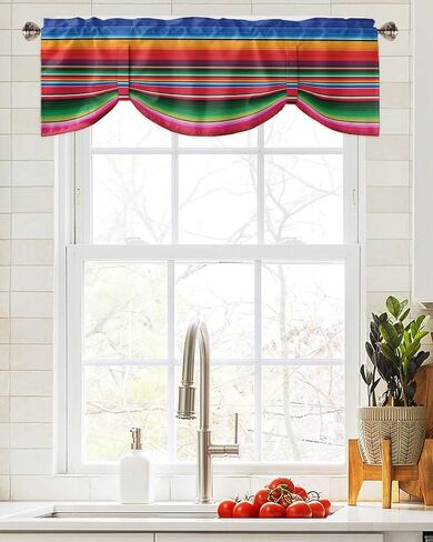 Colorful Mexican Stripes Tie Up Valance Curtain for Kitchen Living Room Bedroom Bathroom Cafe,Rod Pocket Small Short Window Drape Panel Adjustable Drapary,Ombre Blue Red Orange Green Abstract 60"x18" in Saudi Arabia