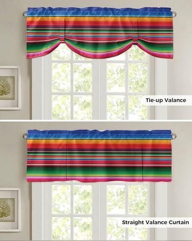 Colorful Mexican Stripes Tie Up Valance Curtain for Kitchen Living Room Bedroom Bathroom Cafe,Rod Pocket Small Short Window Drape Panel Adjustable Drapary,Ombre Blue Red Orange Green Abstract 60"x18" in Saudi Arabia