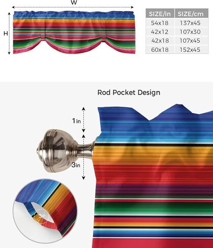 Colorful Mexican Stripes Tie Up Valance Curtain for Kitchen Living Room Bedroom Bathroom Cafe,Rod Pocket Small Short Window Drape Panel Adjustable Drapary,Ombre Blue Red Orange Green Abstract 60"x18" in Saudi Arabia