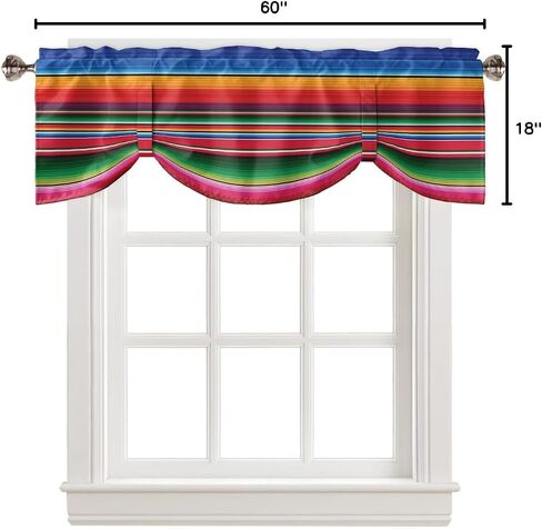 Colorful Mexican Stripes Tie Up Valance Curtain for Kitchen Living Room Bedroom Bathroom Cafe,Rod Pocket Small Short Window Drape Panel Adjustable Drapary,Ombre Blue Red Orange Green Abstract 60"x18" in Saudi Arabia