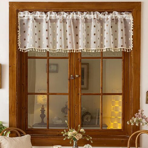 Boho Sheer Valance Kitchen Curtains 18 Inches Long 2 Panels, Pom Pom Over Sink Cafe Curtain with Tassels, Light Filtering Window Short Small Drapes (Brown,29"x18") in Saudi Arabia