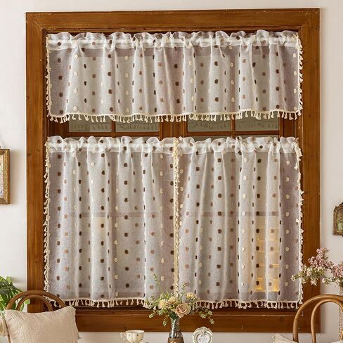 Boho Sheer Valance Kitchen Curtains 18 Inches Long 2 Panels, Pom Pom Over Sink Cafe Curtain with Tassels, Light Filtering Window Short Small Drapes (Brown,29"x18") in Saudi Arabia