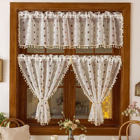 Boho Sheer Valance Kitchen Curtains 18 Inches Long 2 Panels, Pom Pom Over Sink Cafe Curtain with Tassels, Light Filtering Window Short Small Drapes (Brown,29"x18") in Saudi Arabia