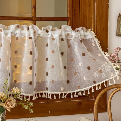 Boho Sheer Valance Kitchen Curtains 18 Inches Long 2 Panels, Pom Pom Over Sink Cafe Curtain with Tassels, Light Filtering Window Short Small Drapes (Brown,29"x18") in Saudi Arabia