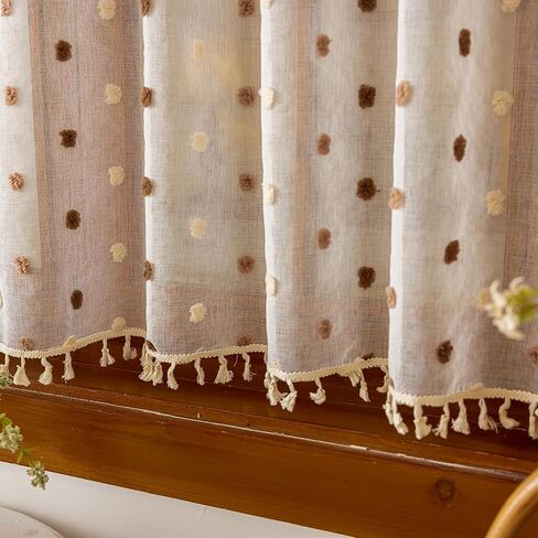 Boho Sheer Valance Kitchen Curtains 18 Inches Long 2 Panels, Pom Pom Over Sink Cafe Curtain with Tassels, Light Filtering Window Short Small Drapes (Brown,29"x18") in Saudi Arabia