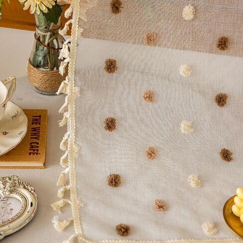 Boho Sheer Valance Kitchen Curtains 18 Inches Long 2 Panels, Pom Pom Over Sink Cafe Curtain with Tassels, Light Filtering Window Short Small Drapes (Brown,29"x18") in Saudi Arabia