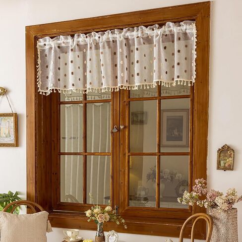 Boho Sheer Valance Kitchen Curtains 18 Inches Long 2 Panels, Pom Pom Over Sink Cafe Curtain with Tassels, Light Filtering Window Short Small Drapes (Brown,29"x18") in Saudi Arabia