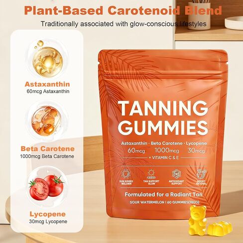 2026 New Skin Tanning Gummies for Women, Astaxanthin, Beta Carotene & Lycopene Blend with Vitamins C & E, Radiant Healthy Skin, Sour Watermelon Flavor, Vegan & Sugar-Free, 60 Count. in Saudi Arabia