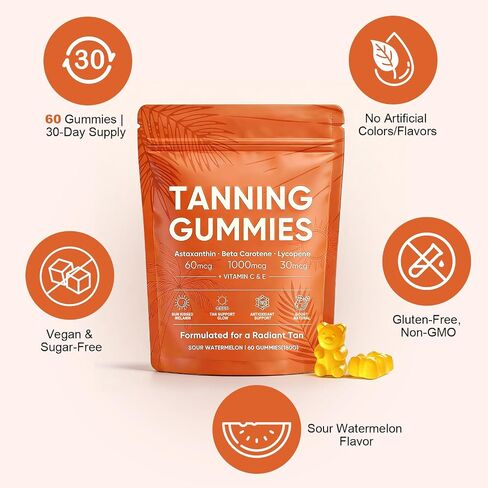 2026 New Skin Tanning Gummies for Women, Astaxanthin, Beta Carotene & Lycopene Blend with Vitamins C & E, Radiant Healthy Skin, Sour Watermelon Flavor, Vegan & Sugar-Free, 60 Count. in Saudi Arabia