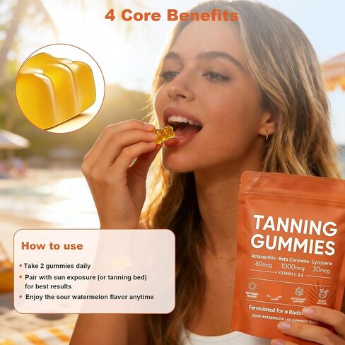 2026 New Skin Tanning Gummies for Women, Astaxanthin, Beta Carotene & Lycopene Blend with Vitamins C & E, Radiant Healthy Skin, Sour Watermelon Flavor, Vegan & Sugar-Free, 60 Count. in Saudi Arabia