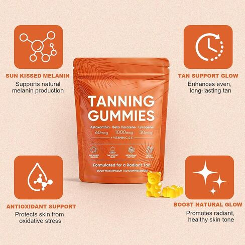 2026 New Skin Tanning Gummies for Women, Astaxanthin, Beta Carotene & Lycopene Blend with Vitamins C & E, Radiant Healthy Skin, Sour Watermelon Flavor, Vegan & Sugar-Free, 60 Count. in Saudi Arabia