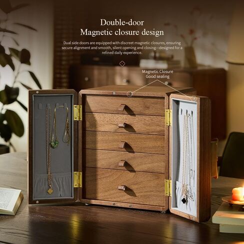 Double Door Jewelry Organizer, 5 Tiers Walnut Wood Jewelry Box with Begonia Flower Metal Handle, Large Storage Organizer for Women | 9.07" in Saudi Arabia
