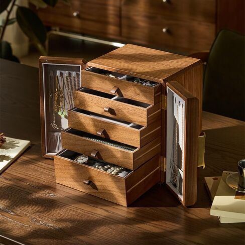 Double Door Jewelry Organizer, 5 Tiers Walnut Wood Jewelry Box with Begonia Flower Metal Handle, Large Storage Organizer for Women | 9.07" in Saudi Arabia