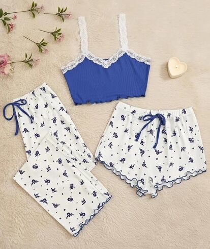 Women's 3 Piece Floral Lace Cami Top and Shorts Cozy Pajama Sets Loungewear in Kuwait