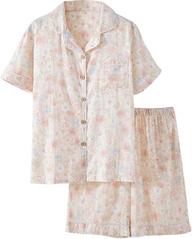 STMAHER Women's Cotton Pajama Sets 2 Piece Short Sleeve Summer Sleepwear Button Down Shirts With Shorts Pockets in Saudi Arabia