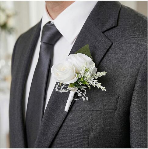 Wedding Flower Boutonniere Suit Decoration for Groom Bride Groomsmen Bridesmaids for Wedding Ceremony Anniversary Dinner Party (White) in Saudi Arabia