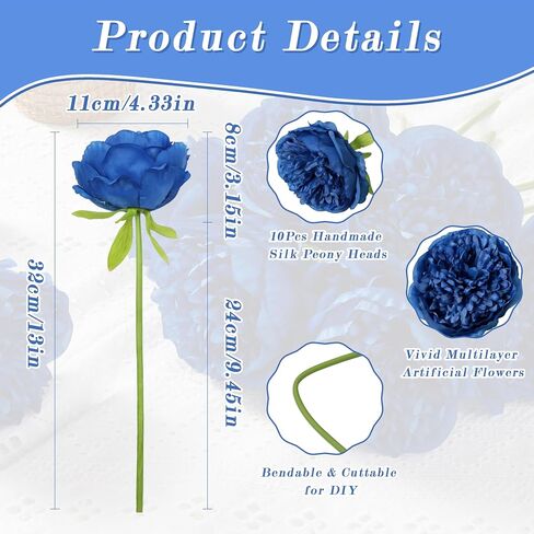 SITUMEIZI 10PCS Artificial Peony Flowers, Real Touch Fake Silk Bouquet with Stems for Home Mothers Day Wedding Party Centerpieces Table Decoration Indoor(Royal Blue) in Saudi Arabia