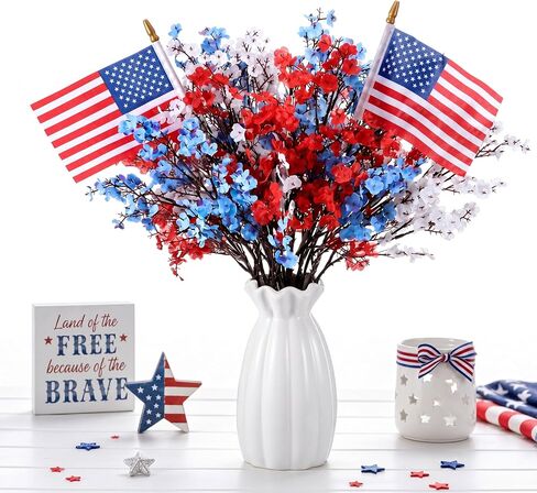 Tigeen 14 Pcs 4th of July Decor Red White Blue Artificial Flower Patriotic Decoration Artificial Geranium with 2 Flag 250th Anniversary Table Centerpieces for Memorial Veterans Independence Day Decor in Kuwait