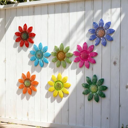 8 Pack Metal Flower Wall Decor, Colorful 3D Daisy Art Sculptures, Indoor Living Room Bedroom Hanging Ornaments,Hand-Painted Outdoor Garden Fence Patio Yard Decorations(10cm) in Kuwait