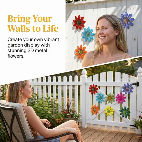 8 Pack Metal Flower Wall Decor, Colorful 3D Daisy Art Sculptures, Indoor Living Room Bedroom Hanging Ornaments,Hand-Painted Outdoor Garden Fence Patio Yard Decorations(10cm) in Kuwait