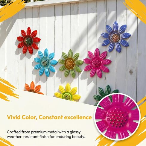8 Pack Metal Flower Wall Decor, Colorful 3D Daisy Art Sculptures, Indoor Living Room Bedroom Hanging Ornaments,Hand-Painted Outdoor Garden Fence Patio Yard Decorations(10cm) in Kuwait