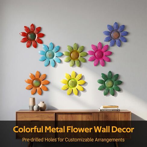 8 Pack Metal Flower Wall Decor, Colorful 3D Daisy Art Sculptures, Indoor Living Room Bedroom Hanging Ornaments,Hand-Painted Outdoor Garden Fence Patio Yard Decorations(10cm) in Kuwait